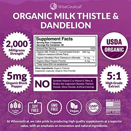 Max Absorption USDA Organic Milk Thistle Potent 5:1 Concentrated Extract (2000mg Strength) & Organic Dandelion Root | Silymarin Antioxidant Flavonoid | Liver Support Supplement (60 Count (Pack of 1)) Wiseceutical