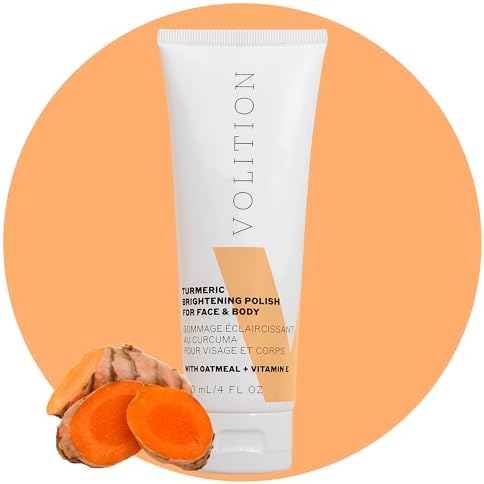 Volition Beauty Turmeric Brightening Polish with Oatmeal + Vitamin E | Physical Scrub to Exfoliate Face & Body | Removes Dead Skin, Boosts Luminosity & Glow, Smooths & Hydrates | Non-Stain Formula Volition