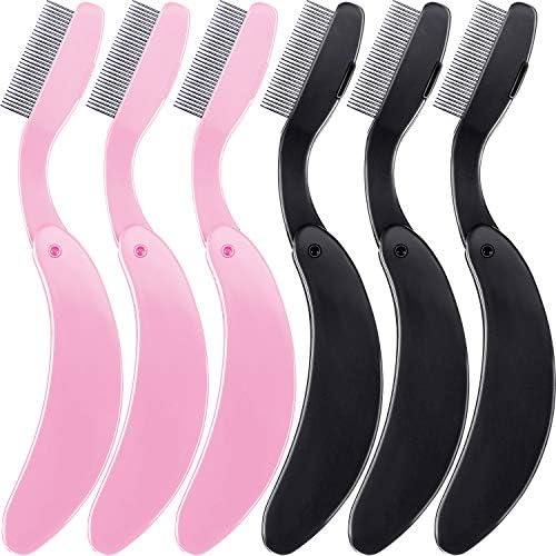 TecUnite Folding Eyelash Comb, Stainless Eyebrow Comb Eyelash and Brow Makeup Brush (3 Black and 3 Pink) TecUnite