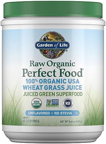 Garden of Life Raw 100% Organic Perfect Food USA Wheat Grass Juice - Green Superfood Powder (Порошок), 60 Servings (Порции) - Stevia & Gluten Free, Non-GMO, Vegan, Whole Food Dietary Supplement, 8.46 Oz Garden of Life