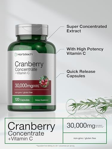 Horbäach Cranberry Concentrate Extract Pills + Vitamin C | 30,000mg | 120 Capsules | Triple Strength Ultimate Potency Formula | Non-GMO and Gluten Free Supplement Horbäach