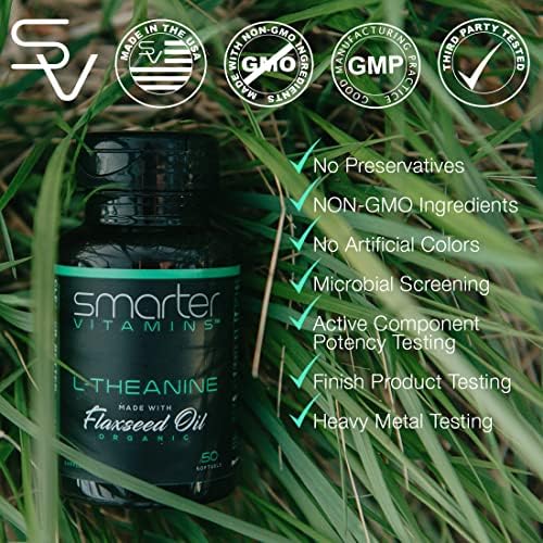 Smarter L-Theanine 250mg Supplement for, Relaxation, Mood & Alertness Support, in Non-GMO Flaxseed Oil, 50 Liquid Softgels (Жидкие мягкие капсулы) SmarterVitamins