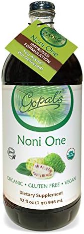 Gopals Noni One 100% Pure Organic Noni Juice - 32oz Glass Bottle (1 qt) Gluten-Free & Vegan Superfruit Liquid 30,000mg of Noni Juice Per Serving, Vitamin and Antioxidant Rich Gopal's