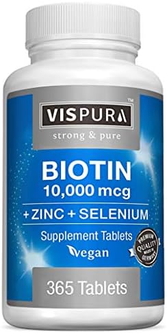 Biotin 10000 mcg + Zinc + Selenium, Pure, Vegan & Extra Strong, Best Supplement for Hair Growth, Glowing Skin, Strong Nails*, 365 Tablets (Таблетки) for 12 Months, Natural Without Additives VISPURA