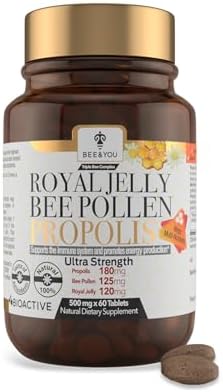 BEE and YOU Royal Jelly Tablet, Propolis Extract, Bee Pollen, 100% Natural Superfood, Ultra Pure, Immune Support Supplement, Improve Energy, Focus, Antioxidants, Fresh, Keto, Paleo, Gluten-Free | 60ct Bee & You