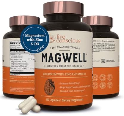 Live Conscious Magwell Magnesium Zinc & Vitamin D3 - Magnesium Glycinate, Malate, & Citrate - Triple Supplement for Women & Men - for Sleep, Bone, Heart, Immune Support - 120 Caps Live Conscious