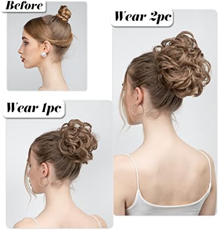 SARLA 2PCS Messy Hair Bun Hair Pieces Wavy Curly Synthetic Updo Fake Scrunchies Ponytail Extension for Women Dirty Blonde SARLA