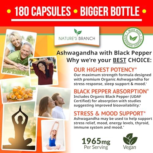 UDAF Certified Organic Ashwagandha with Black Pepper - 180 Capsules (Капсулы) - 1965mg Extra Strength for Stress, Sleep, Mood, Thyroid, Focus, Hair, Vegan Pure Root Extract Powder (Порошок) - Men and Women Supplements Nature's Branch