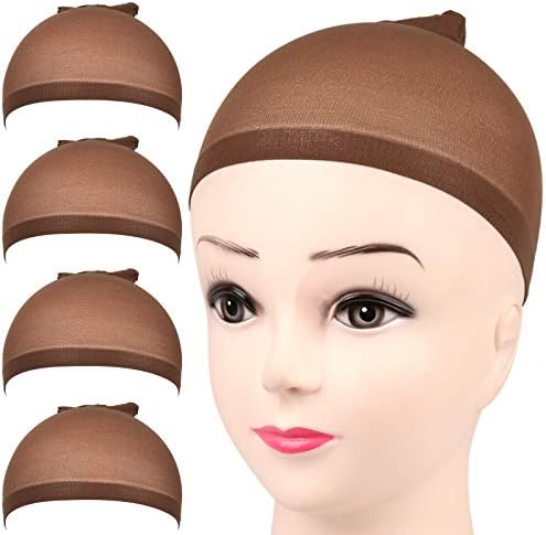 FANDAMEI Wig Cap, 4 pieces Dark Brown Stocking Wig Caps Stretchy Nylon Wig Caps for Women Fandamei