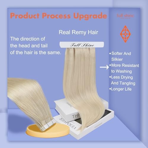 Full Shine Tape in Hair Extensions 10Inch Invisible Tape in Real Human Hair Extensions Solid Color 60 Platinum Blonde Straight Pu Tape Hair 30G Seamless Tape on Brazilian Human Hair 20Pcs Natural Hair Full Shine