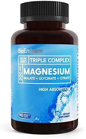 BioEmblem Triple Magnesium Complex | 300mg of Magnesium Glycinate, Malate, & Citrate for Muscles, Nerves, & Energy | High Absorption | Vegan, Non-GMO | 90 Capsules BioEmblem