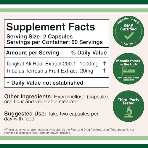 Эффективный экстракт Тонгкат Али 200:1 для мужчин, 1020 мг на порцию, 120 капсул с добавлением 20 мг Трибулуса Double Wood Supplements