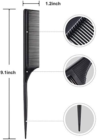 Leinuosen 3 Pack Tail Comb Carbon Fiber Rat Tail Comb Set Heat Resistant Anti Static Styling Tail Comb for Hair Women Back Combing Root Teasing Adding Volume (Black) Leinuosen