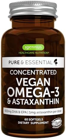 Vegan Omega 3 Triglyceride, Algae Oil & Astaxanthin Antioxidant, 1344mg Omega 3, Pure & Sustainable, 60 Small Softgels (Мягкие капсулы), 400mg DHA & 200mg EPA, Clean Label, Easy-to-Swallow, 30 Servings (Порции), by Igennus Igennus Healthcare Nutrition