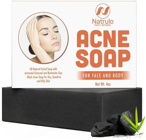 Natrulo Acne Soap Cleansing Bar for Face & Body – Black Activated Charcoal Soap with Bentonite Clay for Dry, Sensitive & Oily Skin – Black Acne Facial Cleanser for Pimples & Scars Made in USA Natrulo