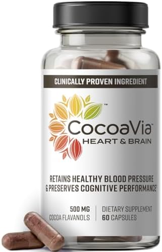 CocoaVia Heart & Brain Supplement, 30 Day, Cocoa Flavanol Extract, Memory & Circulation Booster, Nitric Oxide, Boost Oxygen & Energy, Plant Based, Gluten Free, Vegan, 60 Capsules (Капсулы) CocoaVia