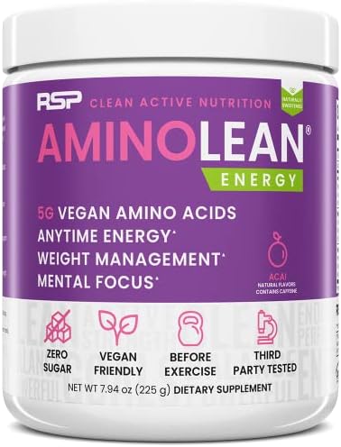 RSP AminoLean - All-in-One Natural Pre Workout, Amino Energy, Weight Management - Vegan BCAAs, Preworkout for Men & Women, Acai, 25 Serv RSP Nutrition