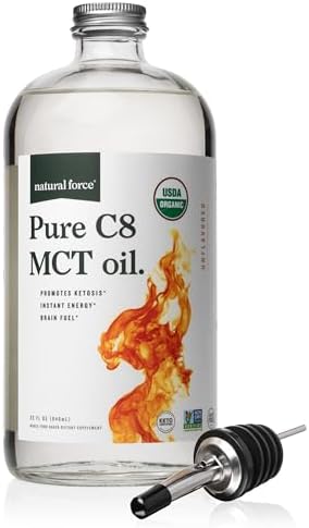 Natural Force Organic Pure C8 MCT Oil – Liquid (Жидкость) MCT Oil in Glass Bottle Container – Concentrated Caprylic Acid – Keto, Paleo, Kosher, Vegan & Non-GMO – Lab Tested for Quality and Purity, 32 Ounce Natural Force