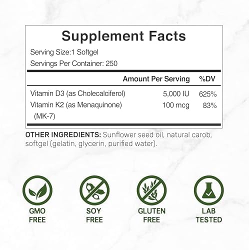 DEAL SUPPLEMENT Vitamin D3 K2 Softgel, 250 Count, 2-1 Complex, Vitamin D3 5000 IU & Vitamin K2 MK7, Promotes Heart, Bone & Teeth Health – Easy to Swallow DEAL SUPPLEMENT