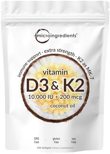 Vitamin D3 10000 iu Plus K2 (MK-7) 200 mcg, 300 Virgin Coconut Oil Softgels| 2 in 1 Vitamins D & K Complex | Supports Calcium Absorption, Bone, Immune, & Heart Health – Easy to Swallow Micro Ingredients