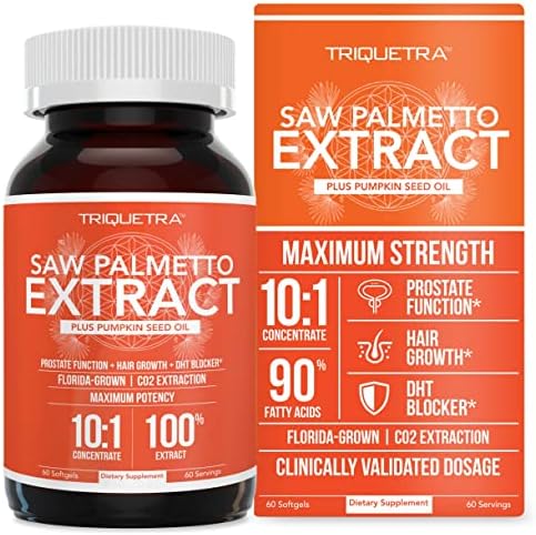 Saw Palmetto Extract – 10X Potency, Pharmaceutical Grade Strength - Plus Pumpkin Seed Oil - Supports Prostate Health, Relieves Urination Issues, Supports Hair Growth, DHT Blocker – 60 Softgels Triquetra Health