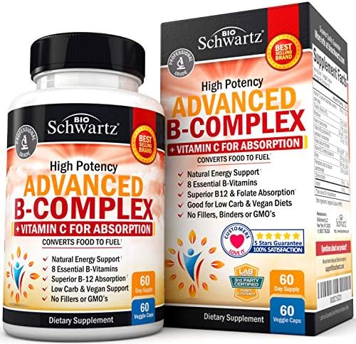 Vitamin B Complex with Vitamin C for Maximum Absorption - Methylcobalamin b12 & Folate Folic Acid Supplement - Vitamins B1 B2 B3 B5 B6 B7 B9 for Immune Energy & Nervous System Support - Non-GMO -60ct BioSchwartz