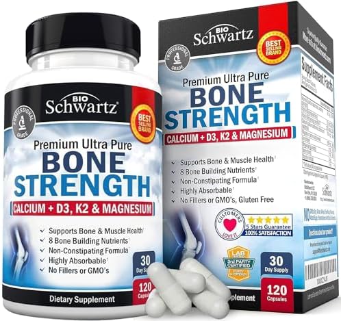 Bone Strength Calcium Supplement - With Calcium, Vitamin D3, K2, C, Magnesium, Zinc - 8 Bone-Building Nutrients, High Absorption, Non-Constipating Formula - 120 Veggie Capsules (Капсулы на растительной основе) for Optimal Bone Health BioSchwartz