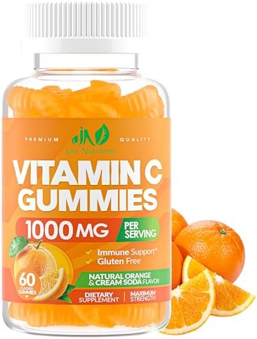 Vitamin C 1000mg Gummies (Жевательные конфеты) for Adults & Kids – Multivitamin with Zinc & Herbal Extracts for Immune & Collagen Support for Skin – Orange Flavor – Gluten Free, Non-GMO, Vegetarian – 60 Gummies Just Nutrients