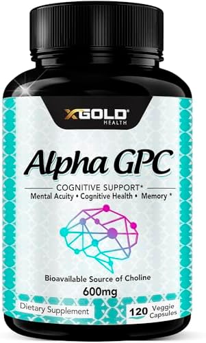 Alpha GPC Choline Supplement 600mg, 99%+ Highly Purified, Highly Bioavailable Source of Choline,120 Veggie Capsules (Капсулы на растительной основе), Cognitive Enhancer Nootropic, Supports Memory & Brain Function, Boosts Focus & Mood X Gold Health