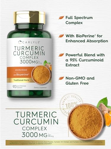 Carlyle Turmeric Curcumin with Black Pepper 3000mg | 90 Powder Capsules | Complex Supplement with Bioperine | Non-GMO, Gluten Free Carlyle