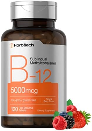 Horbäach B12 Sublingual Methylcobalamin | 5000mcg | 120 Fast Dissolve Tablets | Vegetarian, Non-GMO and Gluten Free Supplement Horbäach