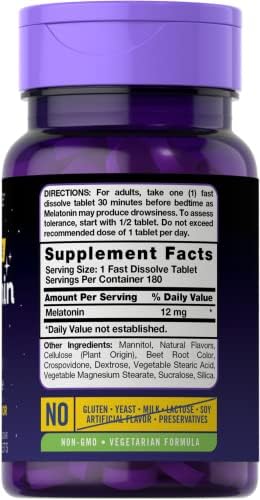 Carlyle Melatonin 12 mg Fast Dissolve 180 Tablets (Таблетки) | Drug Free | Natural Berry Flavor | Vegetarian, Non-GMO, Gluten Free Carlyle