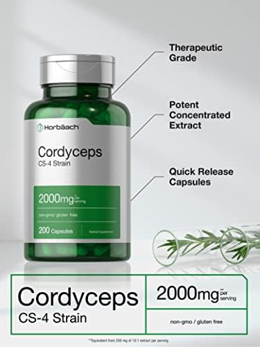 Horbäach Cordyceps Mushroom Capsules 2000mg | 200 Count | CS-4 Strain Cordyceps Sinesis | Non-GMO Herbal Supplement Horbäach