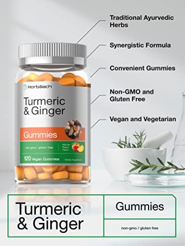 Horbäach Turmeric and Ginger Gummies | 120 Count | Peach Flavor | Vegan Non-GMO & Gluten Free Supplement Horbäach