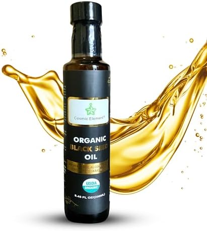 Cosmic Element Cold Pressed Black Seed Oil Organic - Omega 3 6 9 | Vegan Nigella Sativa Organic Black Cumin Seed Oil - Antioxidant for Immune Support, Joints, Digestion, Hair & Skin | 8.4 Fl Oz Cosmic Element