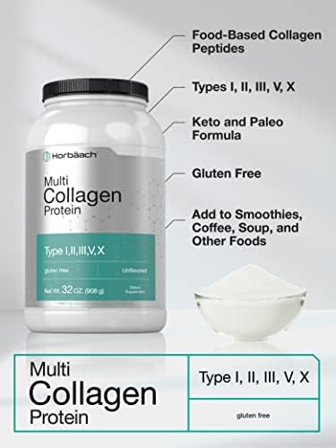 Horbaach Multi Collagen Protein Powder 32 oz | Type I, II, III, V, X | Hydrolyzed Collagen Peptides | Keto & Paleo Friendly | Unflavored & Gluten Free Horbäach