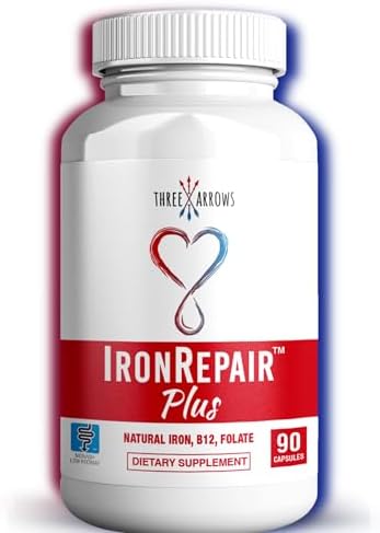 Iron Repair Plus Heme Iron Supplement, Best Absorption Gentle on Stomach, Monash Low FODMAP, Raise Hemoglobin & Ferritin for Women, Teens & Pregnancy Methylated B-12 & Folate, 90 Gelatin Capsules (Капсулы) Three Arrows