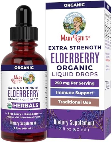 MaryRuth Organics Elderberry Syrup Extra Strength, USDA Organic Elderberry, Sugar Free Adults & Kids Immune Support Supplement for Ages 1+, Clean Label Project Verified®, Vegan, Gluten Free, 2 Fl Oz MaryRuth Organics