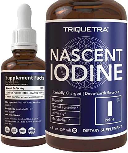 Nascent Iodine Supplement 400 Servings (Порции), Glass Bottle, Vegan, 1800 mcg - 600 mcg per Drop - Pure, Clear Color - Supports Thyroid Health, Energy, Immunity & Metabolism (2 oz (Унции).) Triquetra Health