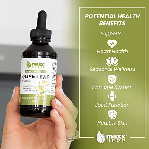 Maxx Herb Olive Leaf Extract – Max Strength Oleuropein Liquid (Жидкость) Absorbs Better Than Capsules (Капсулы) or Tea, for Immune Support, Heart Health, and Seasonal Wellness - 4 Oz Bottle (60 Servings (Порции)) Maxx Herb