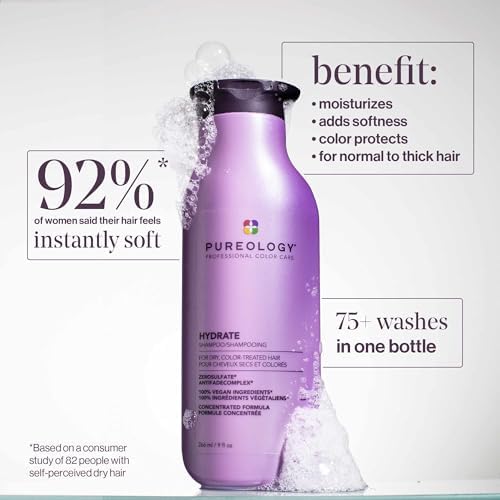 Pureology Hydrate Moisturizing Shampoo | Softens and Deeply Hydrates Dry Hair | For Medium to Thick Color Treated Hair | Sulfate-Free | Vegan Pureology