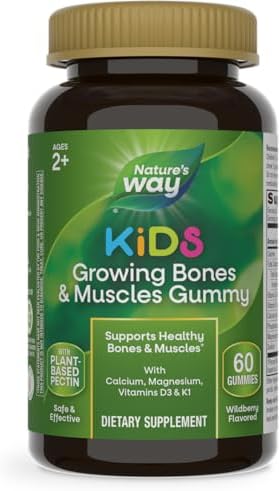 Nature's Way Kids Growing Bones & Muscles Gummies (Жевательные конфеты), Supports Healthy Bones & Muscles*, Calcium, Magnesium, Vitamins D3 & K1, Ages 2+, Wildberry Flavored, 60 Gummies (Packaging May Vary) Nature's Way