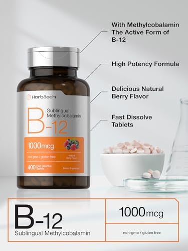 Horbäach Vitamin B12 Sublingual 1000 mcg | 400 Fast Dissolve Tablets | Methylcobalamin Supplement for Adults | Natural Berry Flavor | Vegan, Vegetarian, Non-GMO, and Gluten Free Horbäach