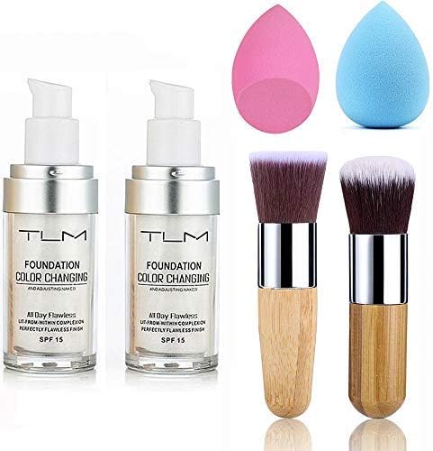 2pcs TLM Color Changing Foundation Liquid with 2 Brushes and 2 Cosmetics Sponge Flawless Full Coverage Natural Color Face Primer Base Makeup 30ml UCANBE