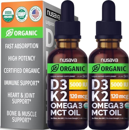 (2 Pack) Organic Vitamin D3 K2 Drops (Капли) w MCT Oil Omega 3, 5000 IU, Maximum Strength Vitamin D Liquid (Жидкость) 5000 IU, No Fillers, Non-GMO Liquid D3 for Faster Absorption & Immune Support (Mocha, 2 Fl Oz) NUSAVA