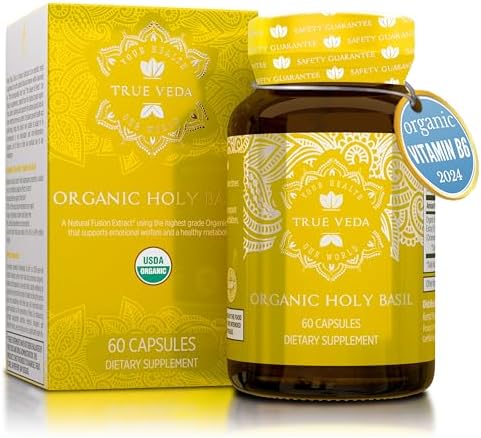 Holy Basil Capsules - USDA Organic Vitamin B6 Capsules | High Strength Vitamin B6 and 2.5% Ursolic Acid | Tulsi Holy Basil Leaf Capsules | Holy Basil Extract 15:1 | Herbal Supplement | 60 Vegan Pills True Veda