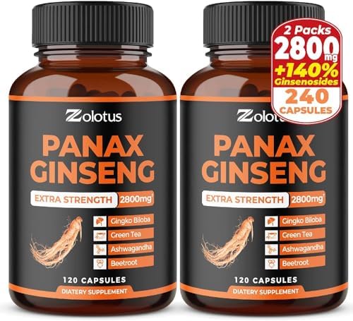 Zolotus Korean Red Panax Ginseng + Ginkgo Biloba - 2800mg Extra Strength with Ashwagandha, Beetroot, Green Tea - Support Strength, Stamina, Energy Production & Mood Balance - 120 Capsules Zolotus