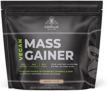 – Mocha Vegan Mass Gainer – 5 lb (Фунты) Natural High Calorie Protein Powder (Порошок) – GMO, Gluten, Dairy, & Soy Free. No Artificial Ingredients – 530 Calories – 18 Servings (Порции) Gorilla Gulps