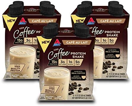 Atkins Café Au Lait Iced Coffee Protein Shake, 15g Protein, Low Glycemic, 3g Net Carb, 1g Sugar, Keto Friendly, 12 Count Atkins