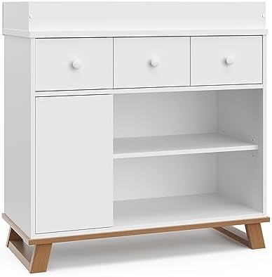 Storkcraft Modern Nursery Changing Table Dresser (White with Vintage Driftwood) – GREENGUARD Gold Certified, Baby Dresser With Changing Table Top, Dresser for Nursery, Changing Table With Drawers Storkcraft